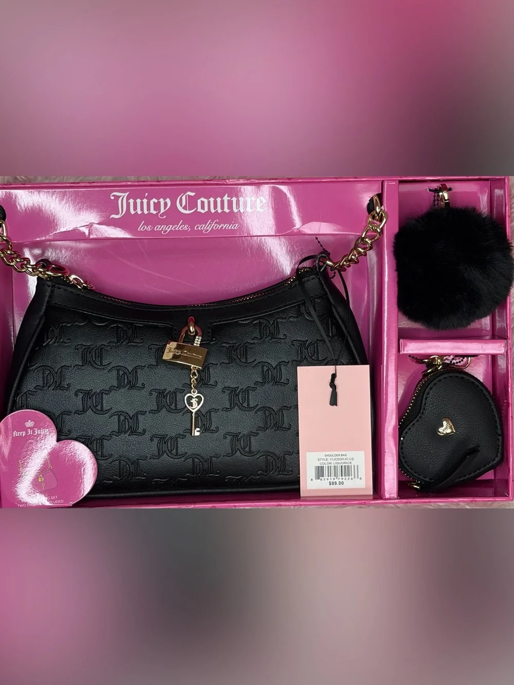 Juicy Couture Black Embossed Logo Shoulder Bag with Gold Chain & Key Charms